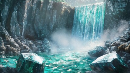 Waterfall with water that has a subtle shimmering, pearlescent quality, flowing over geode-like rocks, enchanting fantasy