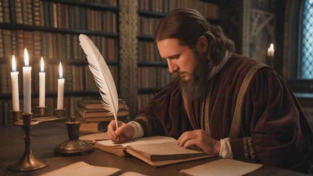 Renaissance scholar writing with feather quill by candlelight