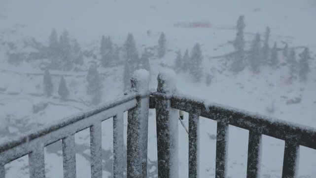 Snow covered landscape, snow blizzard in mountains, winter background in 4k