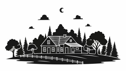 Rustic Farmhouse Silhouette Under a Crescent Moon. © Crypto Mining