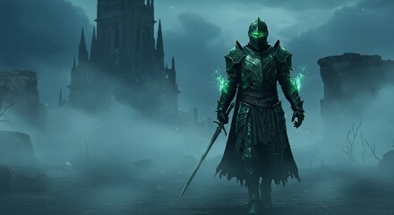 A lone armored knight with glowing green eyes walks determinedly through a desolate foggy land toward a distant dark fortress.. AI Generated