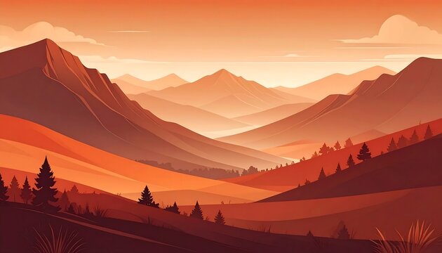 An illustration depicts a layered mountain range at sunset. Warm tones dominate, with stylized trees and rolling hills - Powered by Adobe