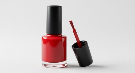 Obraz premium Sleek minimalist still life of a vivid red nail lacquer bottle and brush against a clean white background. AI Generated