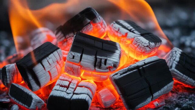 Glowing charcoal briquettes burning with vibrant orange flames