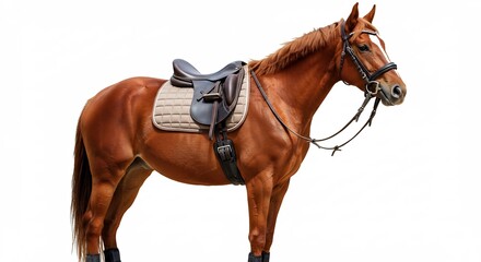 Majestic brown horse with saddle and bridle standing tall in a clean crisp studio shot. AI Generated