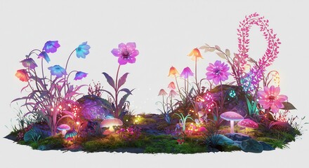 Vibrant glowing fantasy garden patch with bioluminescent flowers and mushrooms casting a magical ethereal light. AI Generated