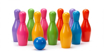 Playful colorful bowling pins and a striking blue ball glow brightly against a pristine white background. AI Generated