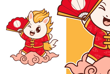 Cute Kirin Mascot Holding Traditional Fan for Lunar New Year Celebration