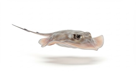 Small charming stingray gracefully gliding isolated on white with subtle studio lighting. AI Generated