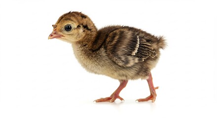 Tiny brown striped turkey poult stands alertly on a clean white background with vibrant studio lighting. AI Generated