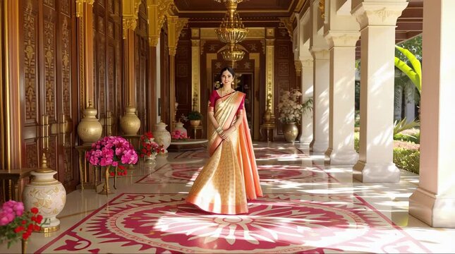 Elegant Indian woman in a golden and red traditional saree gracefully poses within the sunlit grandeur of a magnificent royal palace corridor, showcasing cultural beauty and luxury