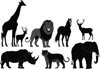 Fototapeta premium a collection of african wildlife silhouettes depicts a majestic lion graceful giraffe powerful elephant and other animals in black high quality