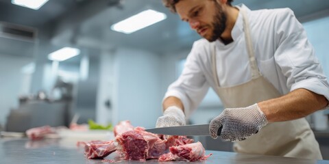 Butcher or meat technologist working in processing workshop surrounded by meat products