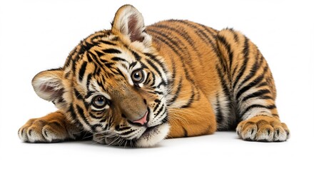 Obraz premium Playful baby tiger cub poses charmingly on a stark white studio floor with a curious gaze under gentle illumination. AI Generated