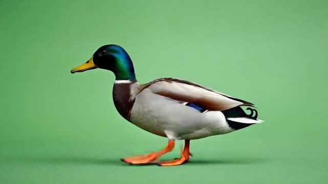 Male mallard duck walking across the screen, side view, on a solid green background for chroma key editing