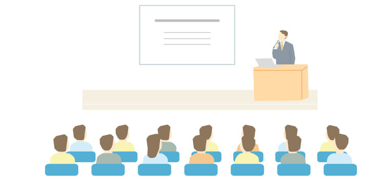 セミナー、プレゼンテーション、講演に参加している人たち、背後から見たベクターイラスト