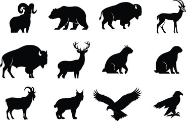 A collection of black silhouette illustrations depicts various wild animals including bison bears deer eagles and mountain goats against a white background