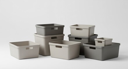 Modern minimalist neutral plastic storage bins neatly arranged under soft bright studio light. AI Generated