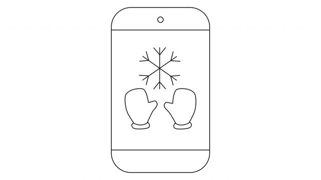 Outline of a phone displays mittens and a snowflake suggesting winter
