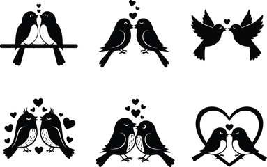 Fototapeta premium A collection of black silhouette illustrations depicting pairs of lovebirds perched together with hearts symbolizing romance and affection high quality professional