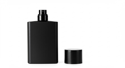 Modern black rectangular spray bottle and its detached cap brilliantly highlighted by soft studio light. AI Generated
