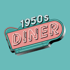 Vintage 1950s diner neon sign on teal background vector