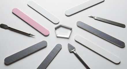 Assorted manicure tools nail files and buffers precisely radiate from a clear centerpiece on a clean bright background. AI Generated