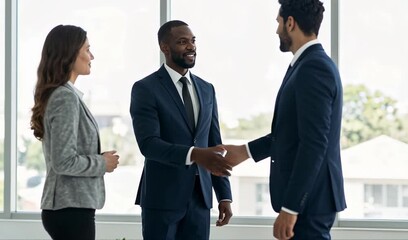 A handshake between two professionals in a bright, modern office while a third person looks on and a document lies on the table, 4K and HD Video