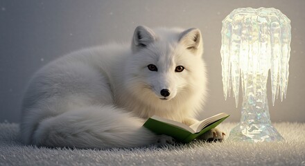 White arctic fox absorbed in a book illuminated by a beautifully glowing ice lamp in a soft winter wonderland. AI Generated