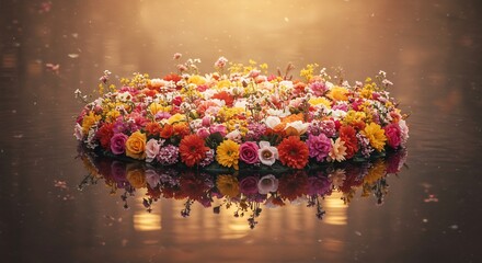 Vibrant floral offering floats gently on calm dark water illuminated by warm golden sunlight. AI Generated