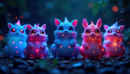 Whimsical, bioluminescent creatures with multiple eyes in repeating pattern , creature, dark, eye