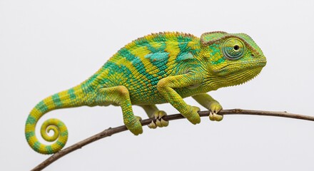 Vibrant green yellow chameleon perches on a brown twig beautifully contrasting with the pristine white backdrop. AI Generated
