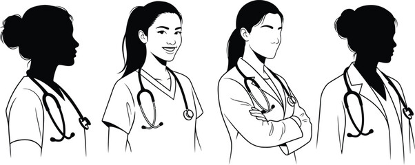 A diverse collection of female medical professionals depicted in a black and white illustrative style showcasing varying hairstyles and poses