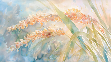 watercolor macro rice stalk with golden grains