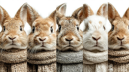 Five rabbits with knitted scarves, arranged side by side in a row.