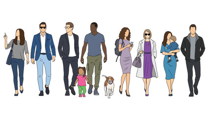 Obraz premium a diverse collection of stylized people walking forward including adults children and a dog showcasing varied outfits and appearances high quality
