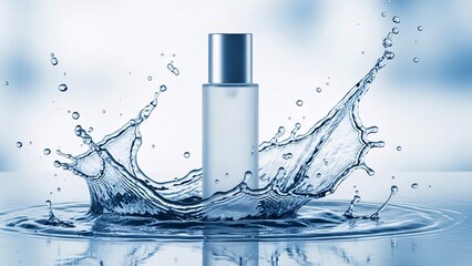 Cosmetic Bottle Surrounded by Splashing Water.