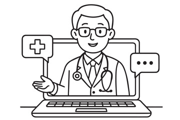 A clean vector design presents online medical consultation, featuring a laptop displaying a professional doctor, representing accessible healthcare, virtual communication, and health solutions..