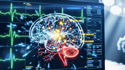 A computer monitor displays a brain scan with ECG readings in a medical setting with robotic arms - Powered by Adobe