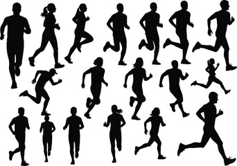 A collection of black silhouette figures depicts a group of people actively running or jogging showcasing movement and athleticism high quality