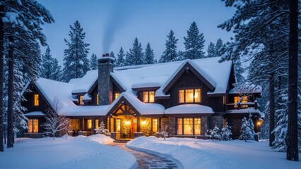 Fototapeta premium Cozy mountain lodge at night