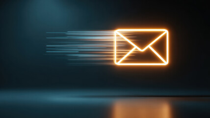 A glowing email icon with speed motion streaks against a dark background, representing fast communication and digital message delivery.