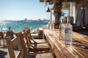 Rustic wooden bar with clear bottles by the sea on a sunny day