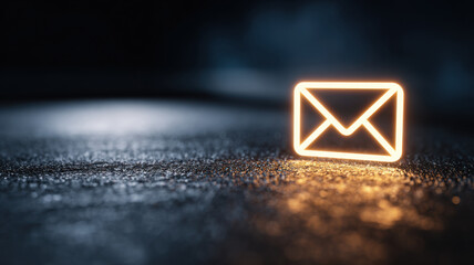 Email icon in neon light on dark background. A neon-lit email icon stands out against a textured, dark background, conveying the concepts of communication and connectivity