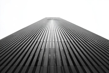 Extreme low-angle view of a tall, monolithic skyscraper disappearing into a bright sky