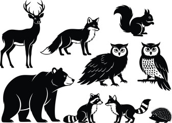 Obraz premium a detailed black and white illustration showcasing woodland creatures including a deer fox bear owls squirrel and hedgehog high quality professional