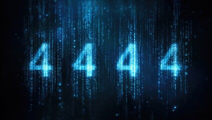 Glowing blue digital "4"s cascade down a dark, data-filled background