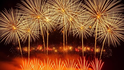 Fireworks exploding in the night sky over a cityscape with vibrant lights and energetic bursts of color