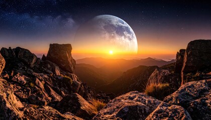 Majestic celestial landscape with moon and sun over rocky mountains.
