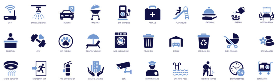 Professional flat icons of building amenities, including real estate gym pool, apartment parking wifi, and hotel elevator, suitable for property facility editable vector graphics